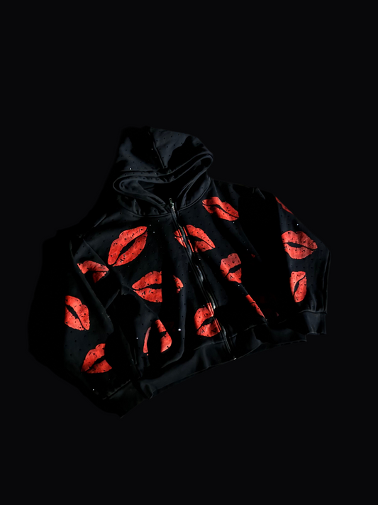 Lip Graphic Rhinestone Zip Up