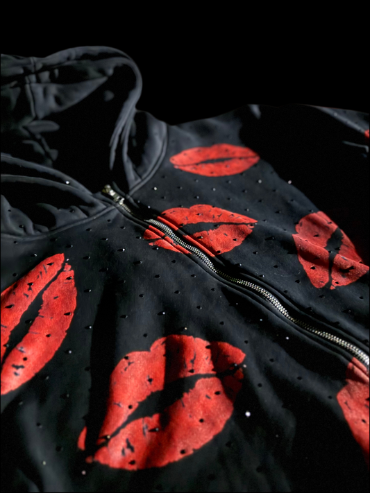 Lip Graphic Rhinestone Zip Up
